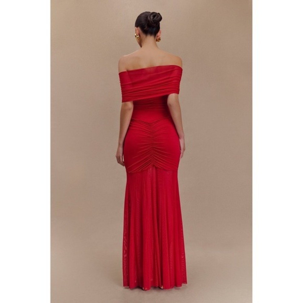MESHKI Red Off Shoulder Ruched Mesh Maxi Dress Size XXl - Picture 4 of 17